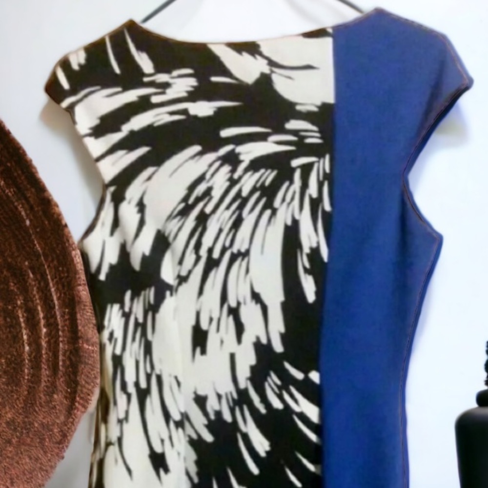 Maggy London Color Block/Print Sheath Dress Black White Royal Blue Size 10 - Picture 7 of 9